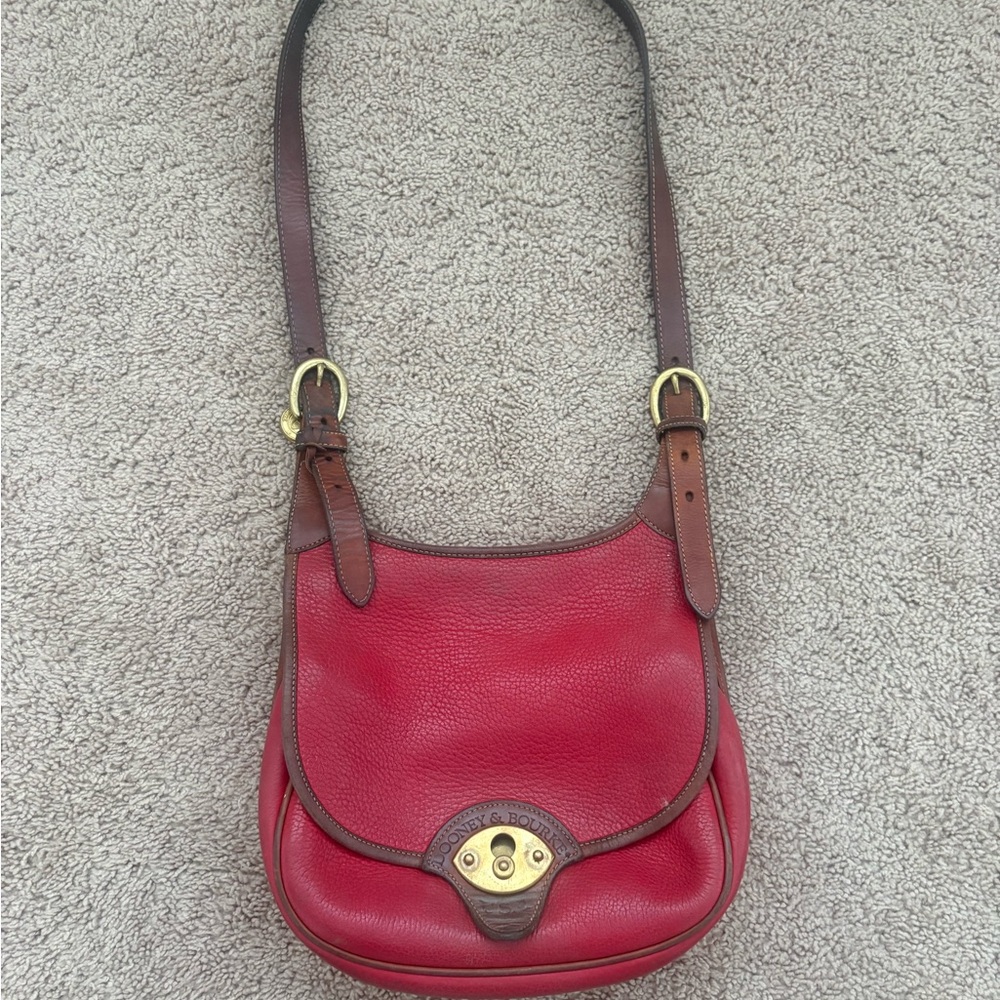 Vintage Dooney & Bourke Pebbled Red/Brown/Gold Leather Crossbody Purse